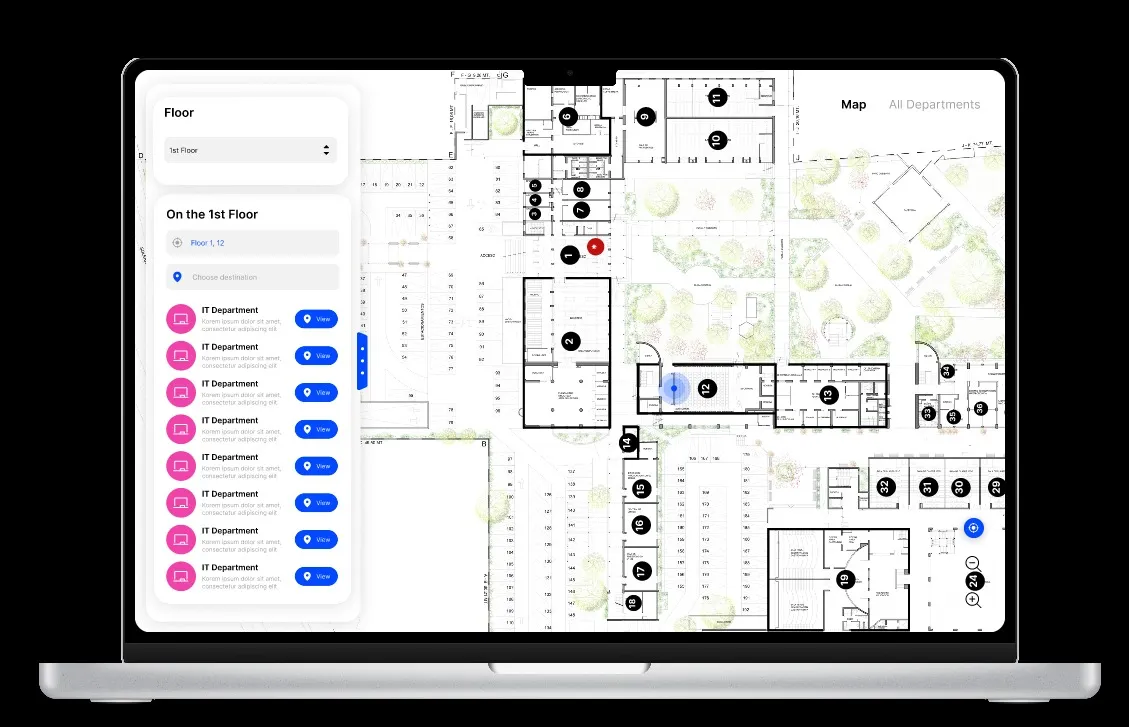 Interactive University Map: Campus floor plan with every department on the floor listed alongside