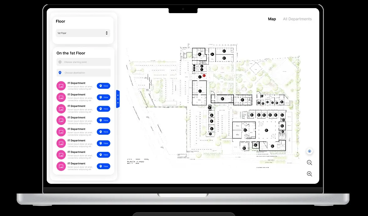 Interactive University Map: Map view with a floor selector and department locations