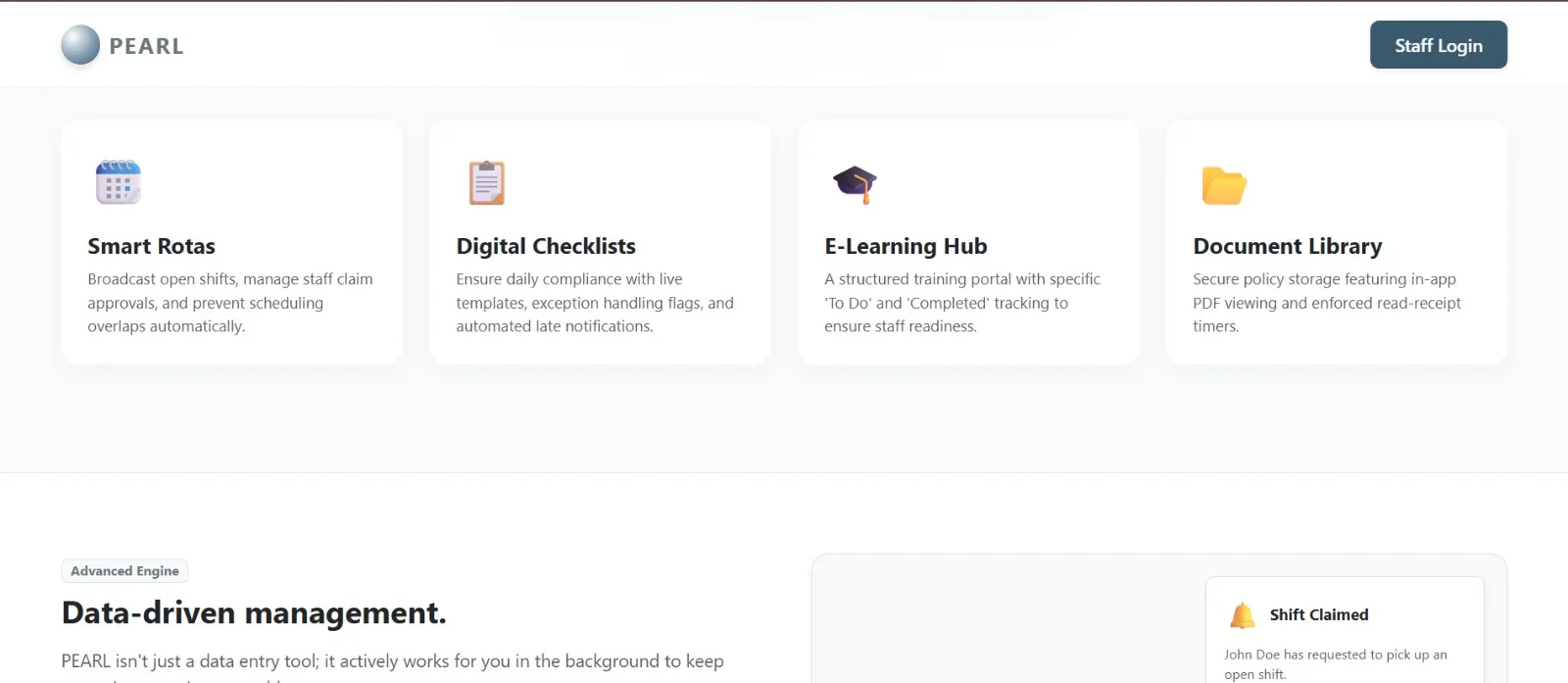 PEARL Park: Feature overview: smart rotas, digital checklists, e-learning hub and document library