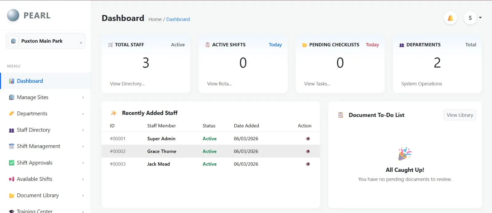 PEARL Park: Admin dashboard: staff, active shifts, pending checklists and departments